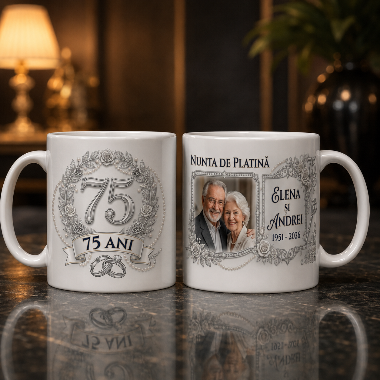 Cană personalizată Nuntă de Platină – 75 de ani de căsnicie | Cu poză, nume și ani personalizați