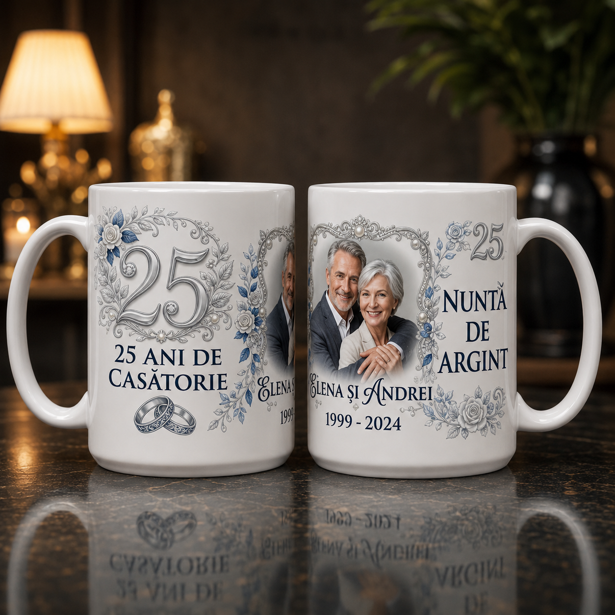 Cană personalizată Nuntă de Argint – 25 de ani de căsătorie | Cu fotografie, nume și ani personalizați