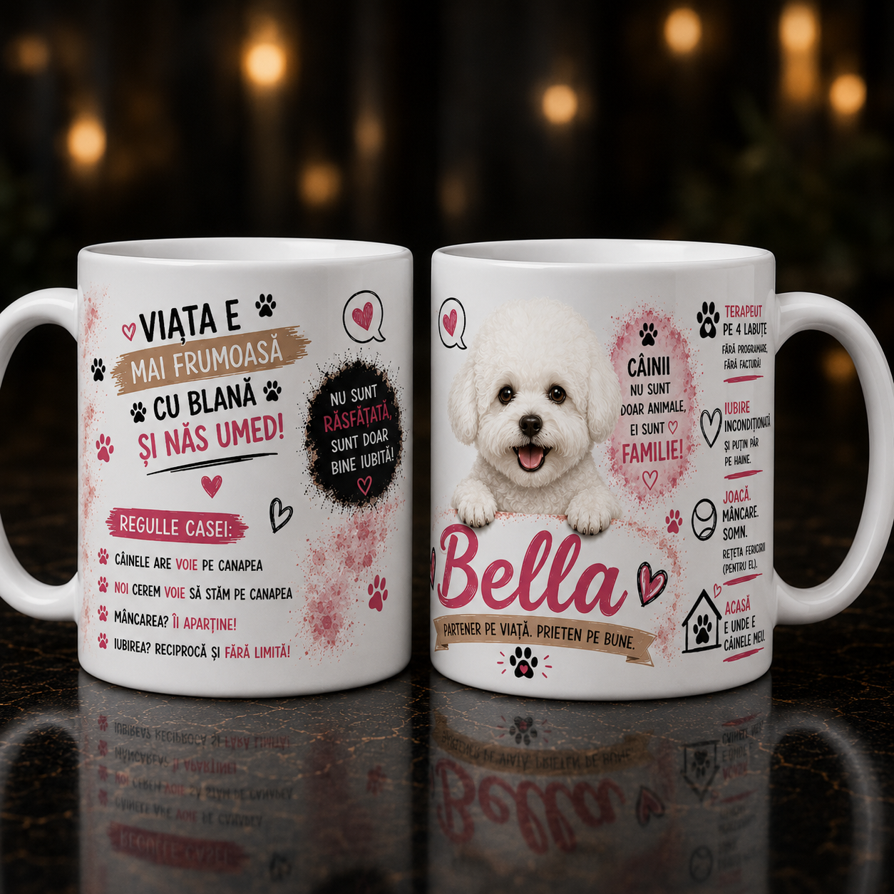 Cană personalizată cu nume – Bichon Frisé | Cadou personalizat pentru iubitorii de câini