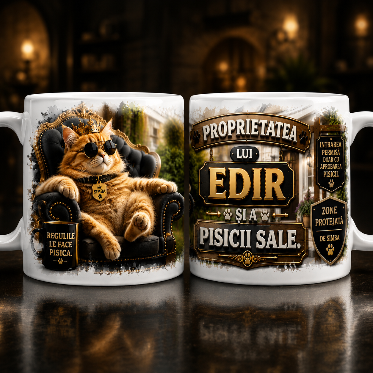 Cană personalizată „Proprietatea lui … și a pisicii sale” – cu nume personalizabil