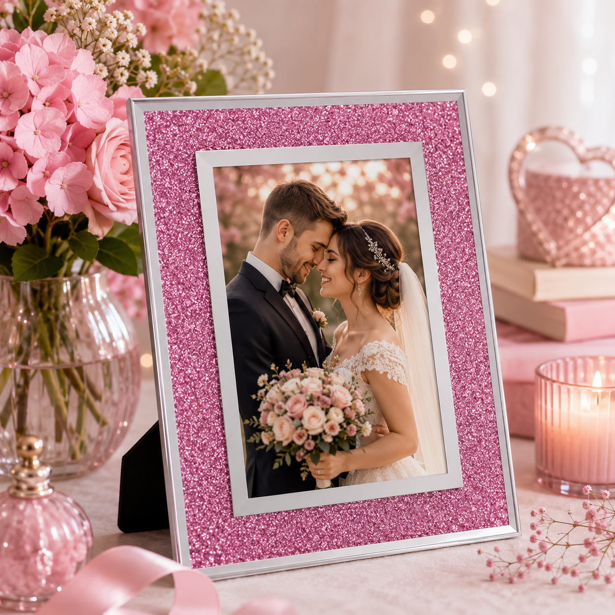 Ramă Foto Elegantă din Sticlă cu Sclipici Roz – 10×15 cm