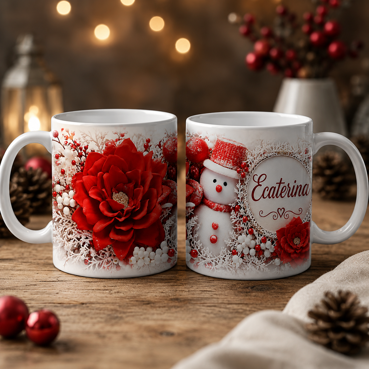 Cană Personalizată de Crăciun 330 ml – Cu Nume Personalizabil și Design Elegant de Iarnă