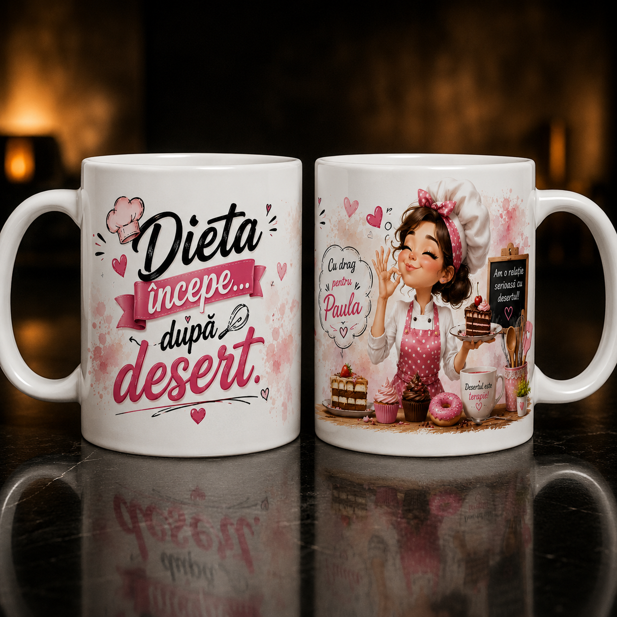 Cană personalizată „Dieta începe după desert” cu nume – Cadou perfect pentru iubitorii de dulciuri