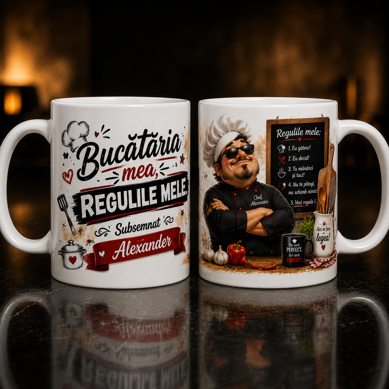 Cană personalizată „Bucătăria mea, regulile mele” cu nume – Cadou original pentru bucătari și pasionații de gătit