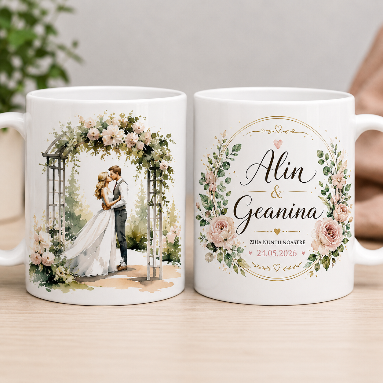 Cană personalizată pentru nuntă cu nume și data căsătoriei – 330 ml