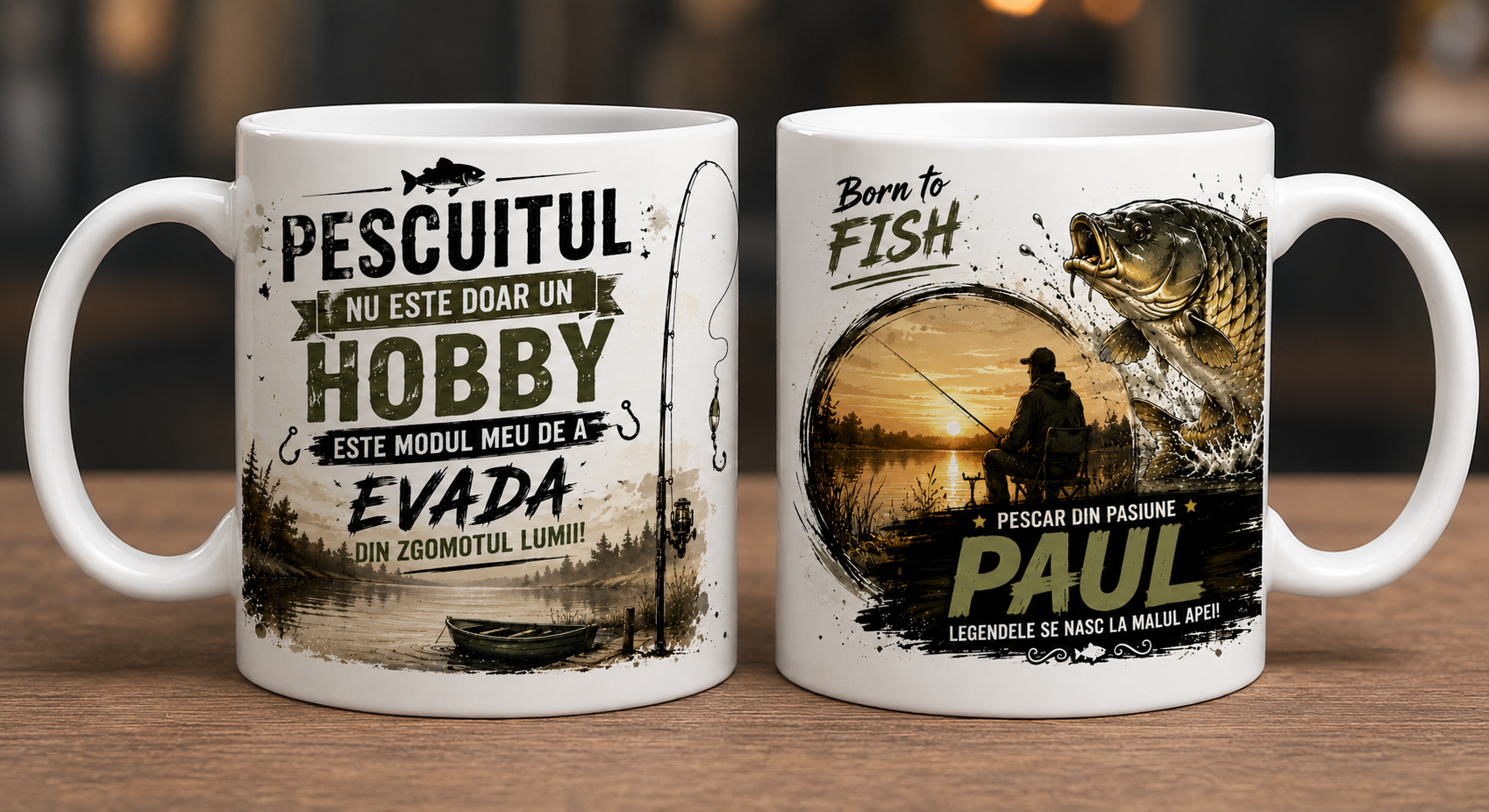Cană personalizată pentru pescari cu nume – „Pescuitul nu este doar un hobby, este modul meu de a evada” | Model Born to Fish | Cadou personalizat pentru pescar
