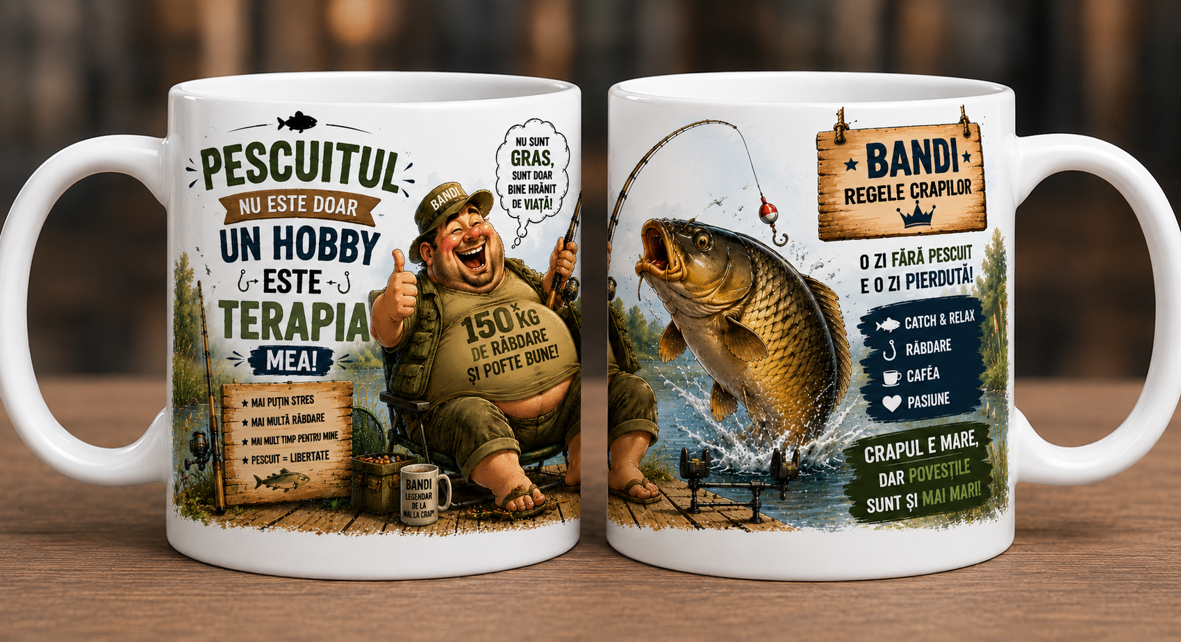 Cană personalizată pentru pescari cu nume – „Pescuitul nu este doar un hobby, este terapia mea” | Model Crap | Cadou personalizat pentru pescar