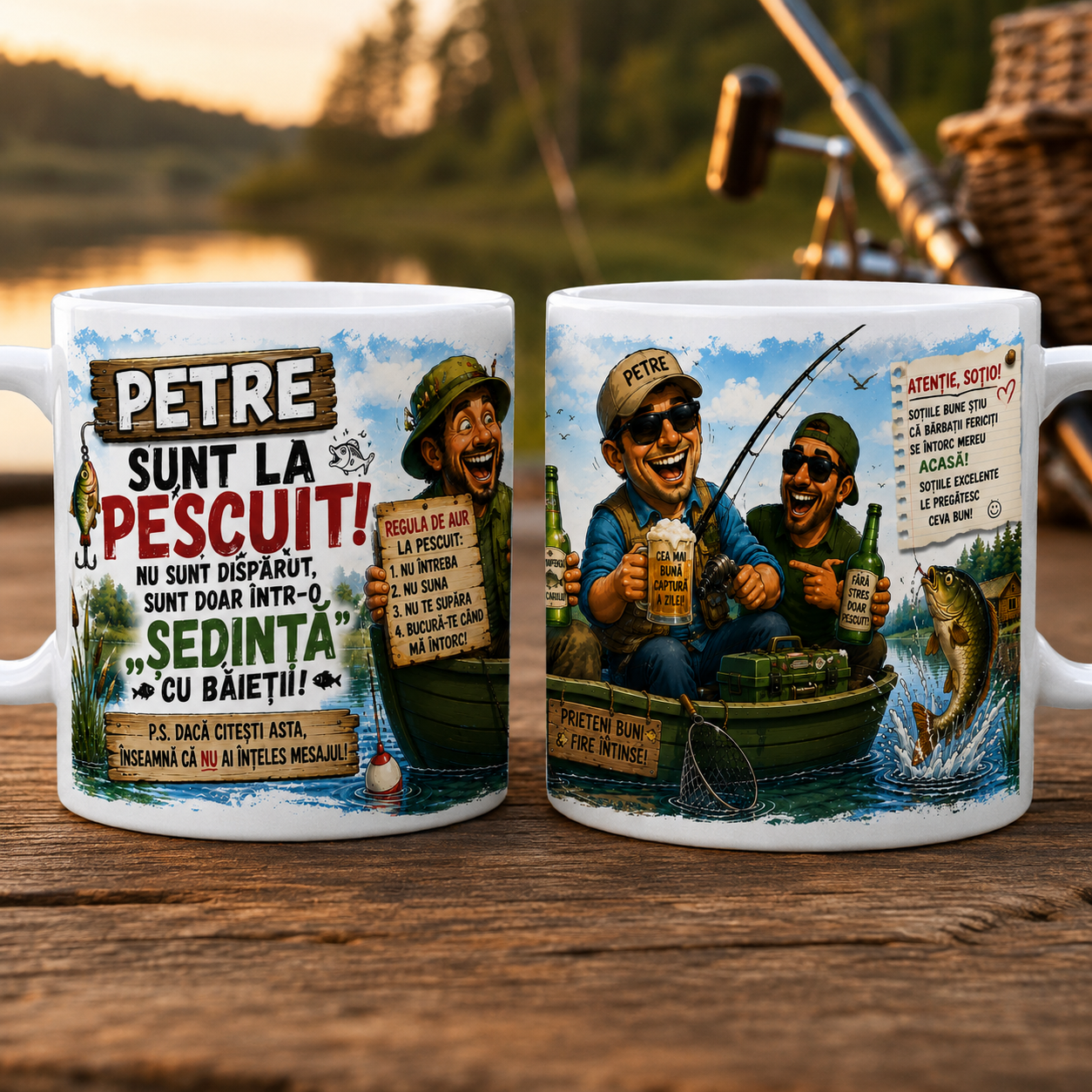 Cană Personalizată Pescar „Sunt la Pescuit” cu Nume – Cadou Amuzant pentru Pasionații de Pescuit, 330 ml