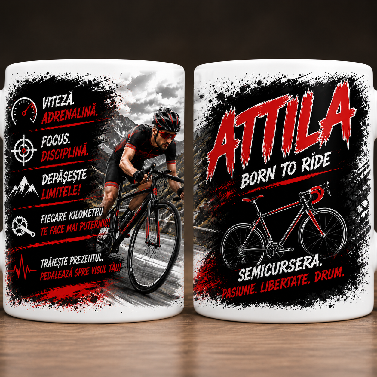 Cană personalizată Semicursieră – Ciclism Șosea | Cu nume personalizabil | Cadou pentru pasionații de biciclete de șosea | 330 ml