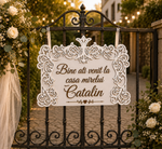 Pancarta „Bine ați venit la casa mirelui” – Decor Premium pentru Poartă de Nuntă