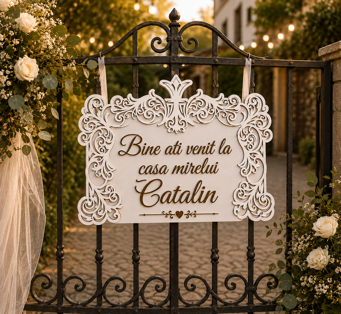Pancarta „Bine ați venit la casa mirelui” – Decor Premium pentru Poartă de Nuntă