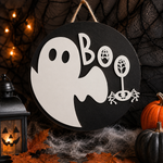 Decorațiune Halloween „BOO” pentru Ușă – Decor Tematic din MDF pentru Intrare și Casă 🎃