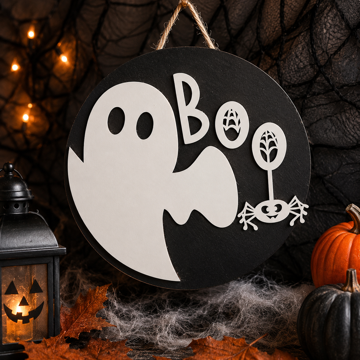 Decorațiune Halloween „BOO” pentru Ușă – Decor Tematic din MDF pentru Intrare și Casă 🎃