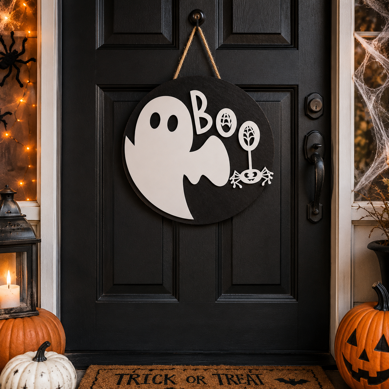 Decorațiune Halloween „BOO” pentru Ușă – Decor Tematic din MDF pentru Intrare și Casă 🎃