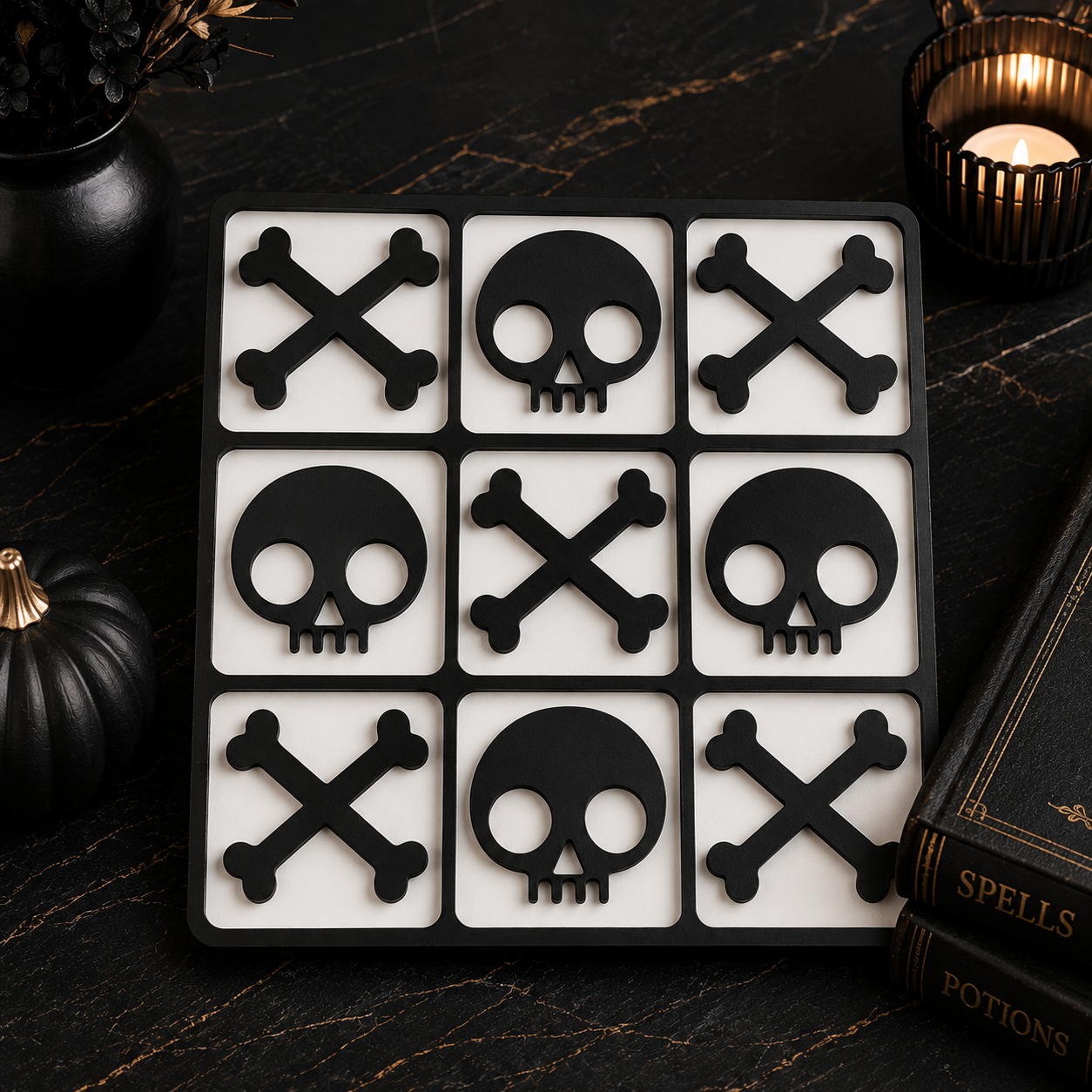 Joc X și 0 Halloween din MDF – Varianta Compactă 15x15 cm pentru Călătorii