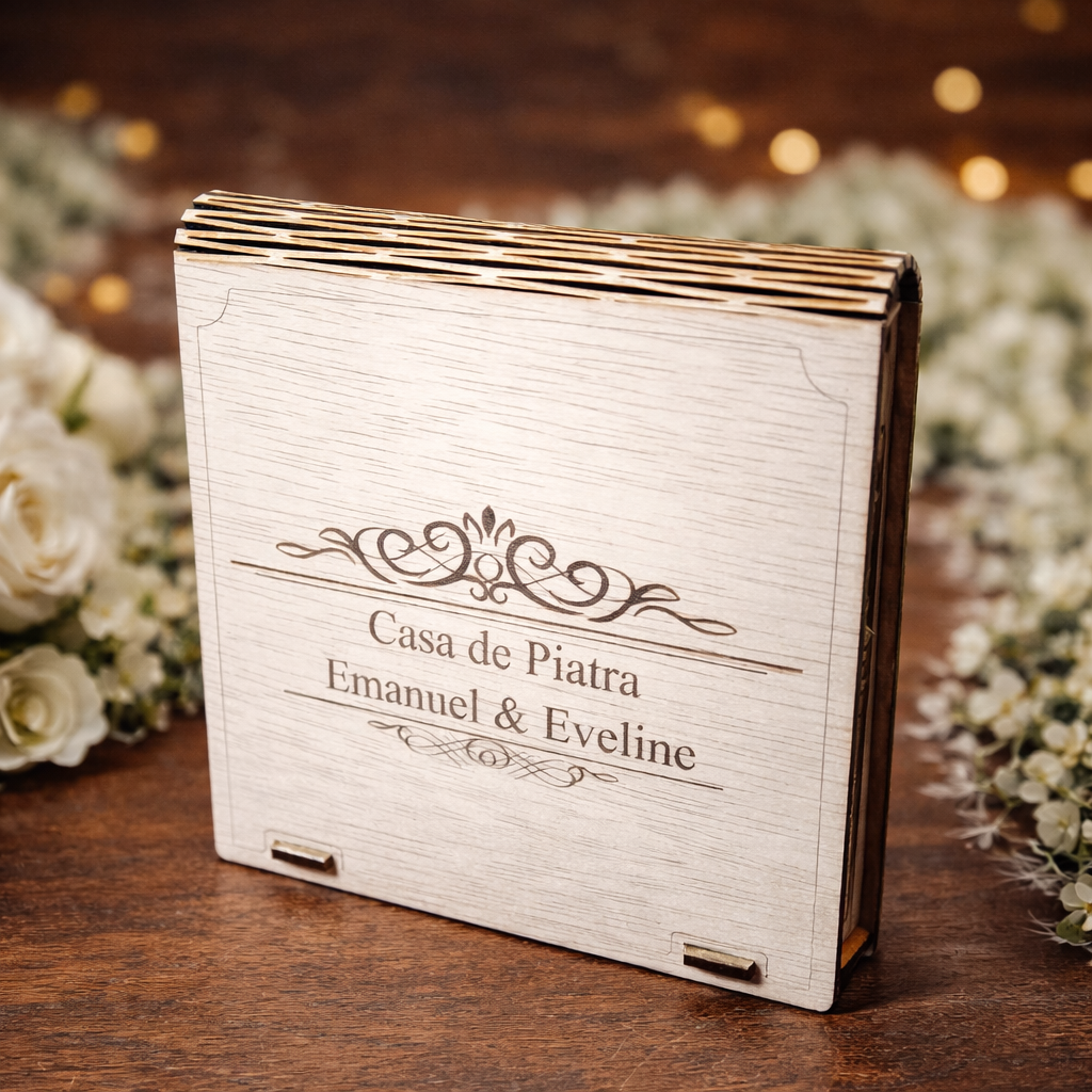 Suport USB și fotografii din lemn personalizat – Cutie foto nuntă 15x10 cm