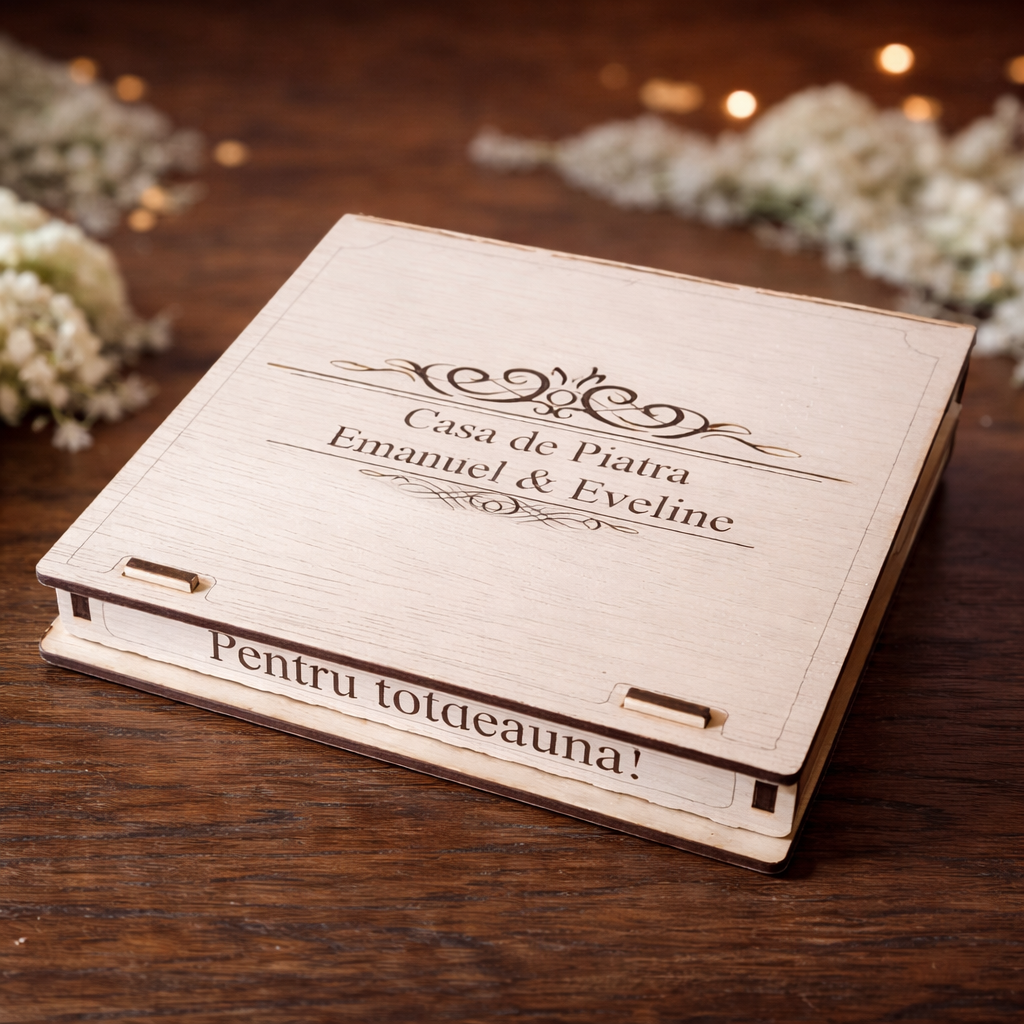 Suport USB și fotografii din lemn personalizat – Cutie foto nuntă 15x10 cm