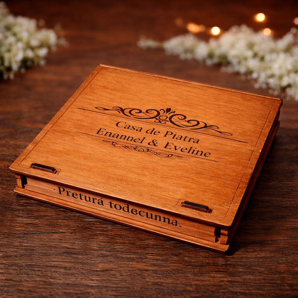 Suport USB și fotografii din lemn personalizat – Cutie foto nuntă 15x10 cm