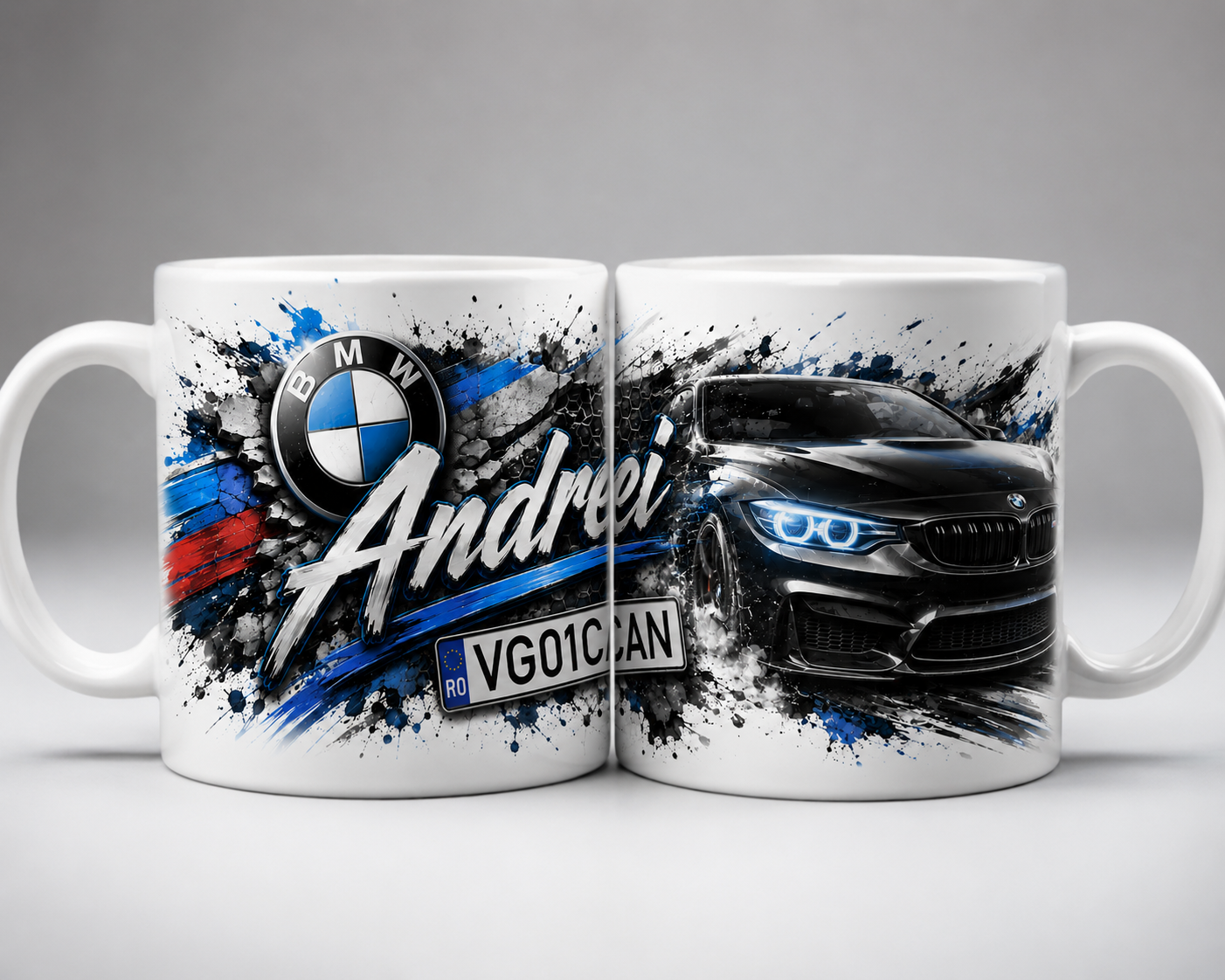 Cană personalizată BMW cu Nume și Număr de Înmatriculare – Cadoul Perfect pentru Pasionații Auto