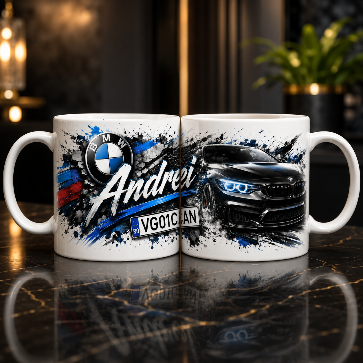 Cană personalizată BMW cu Nume și Număr de Înmatriculare – Cadoul Perfect pentru Pasionații Auto