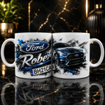 Cană personalizată Ford cu nume și număr de înmatriculare – Cadou auto pentru pasionații Ford