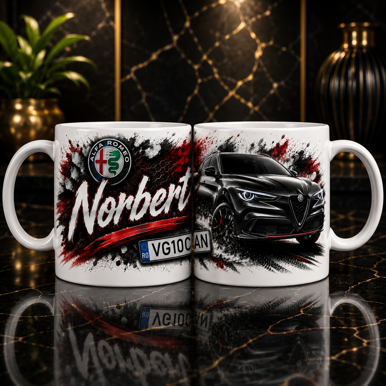 Cană personalizată Alfa Romeo cu nume și număr de înmatriculare – Cadou auto sportiv pentru pasionați
