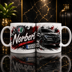 Cană personalizată Alfa Romeo cu nume și număr de înmatriculare – Cadou auto sportiv pentru pasionați