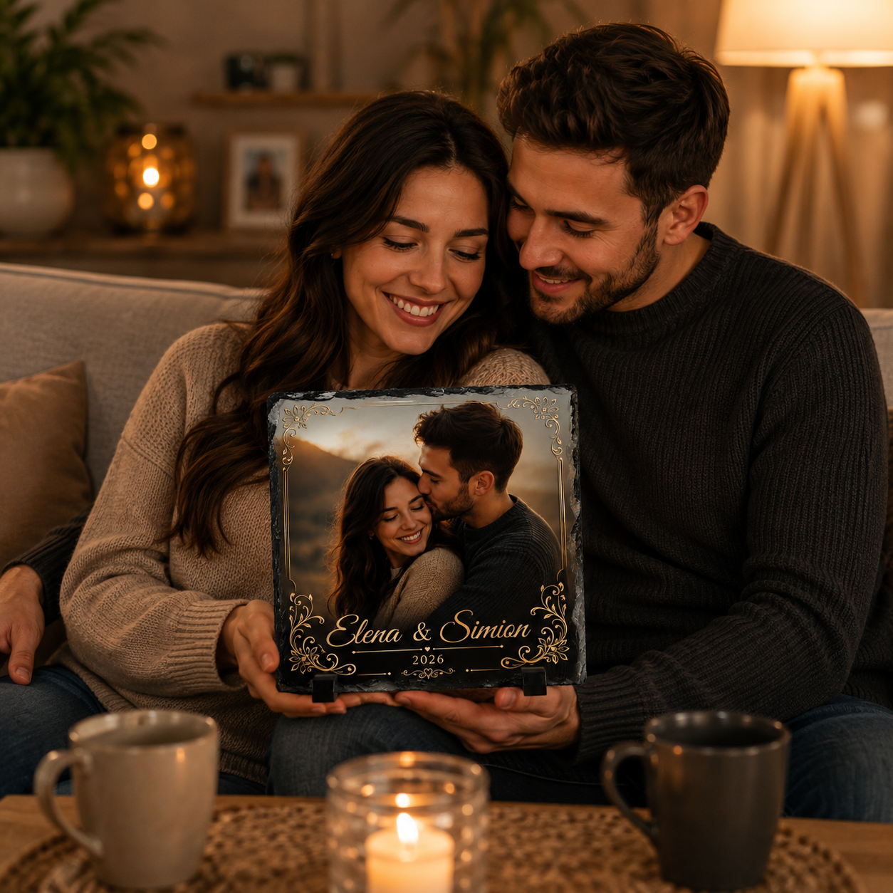 Placă din Ardezie Personalizată 20 × 20 cm cu Poză, Nume și Dată – Cadou Unic pentru Cupluri