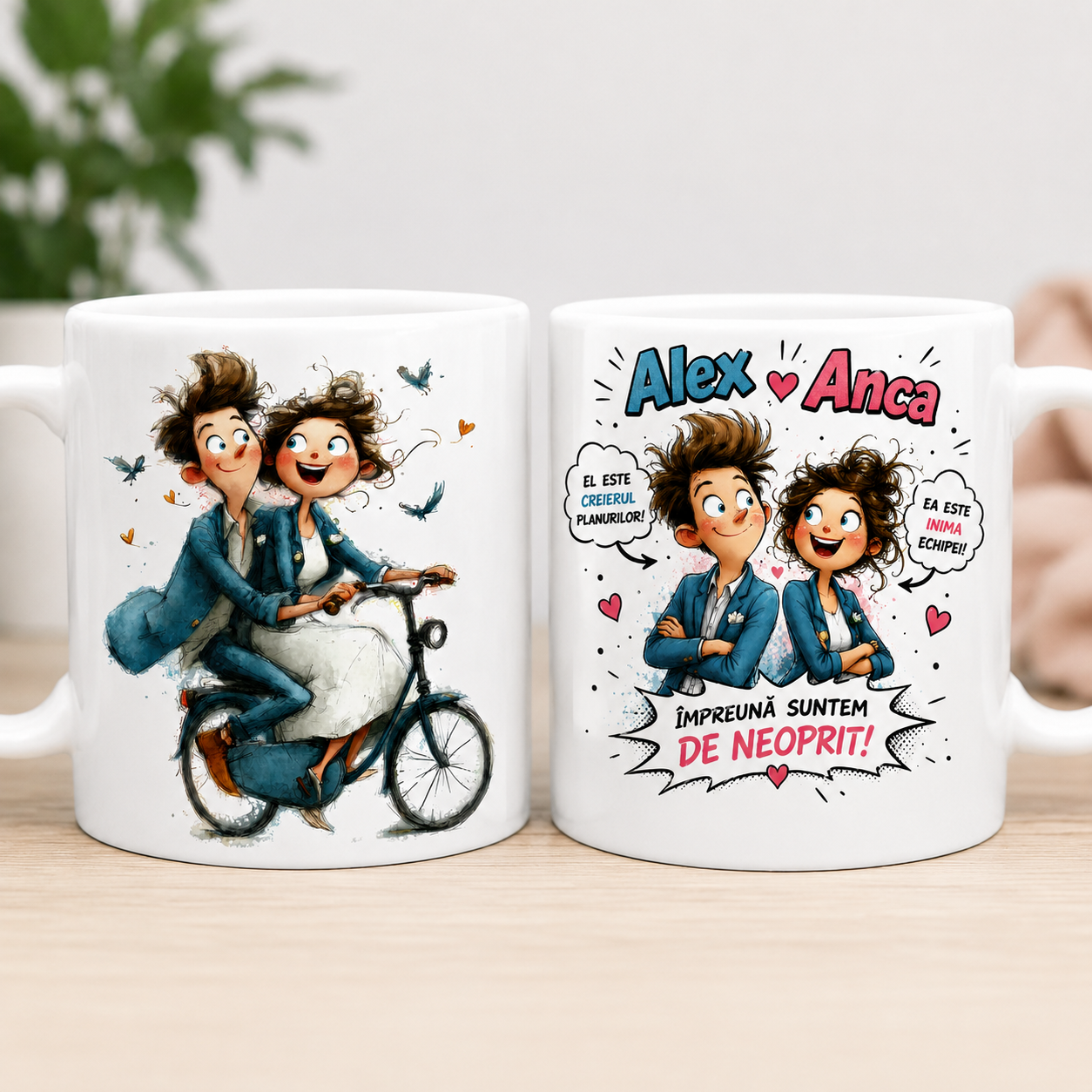 Cană personalizată pentru cupluri – Design comic cu nume personalizabile (330 ml)