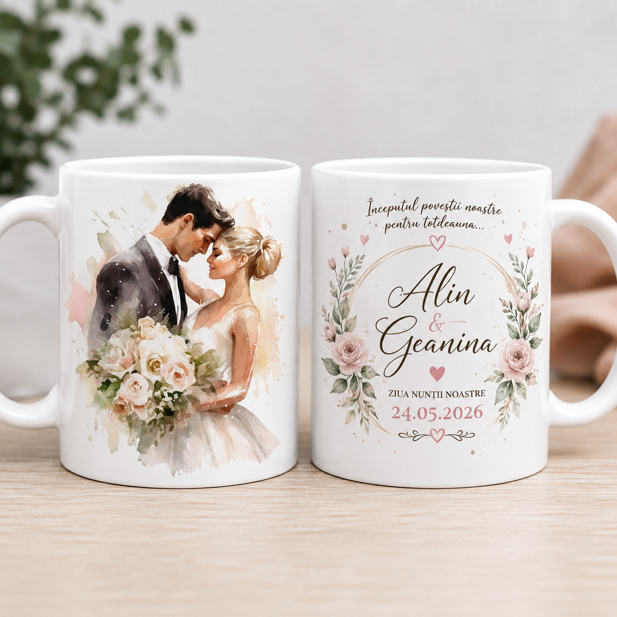 Cană personalizată pentru nuntă cu nume și data căsătoriei – 330 ml
