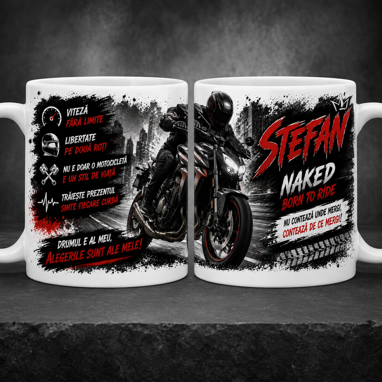 Cană personalizată Naked Bike – Motociclist | Cu nume personalizabil | Cadou pentru pasionații de motociclete Naked | 330 ml
