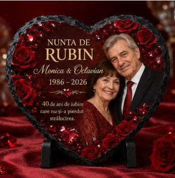 Placă de Ardezie Inimă Personalizată – Nunta de Rubin, 40 de Ani de Căsătorie cu Fotografie