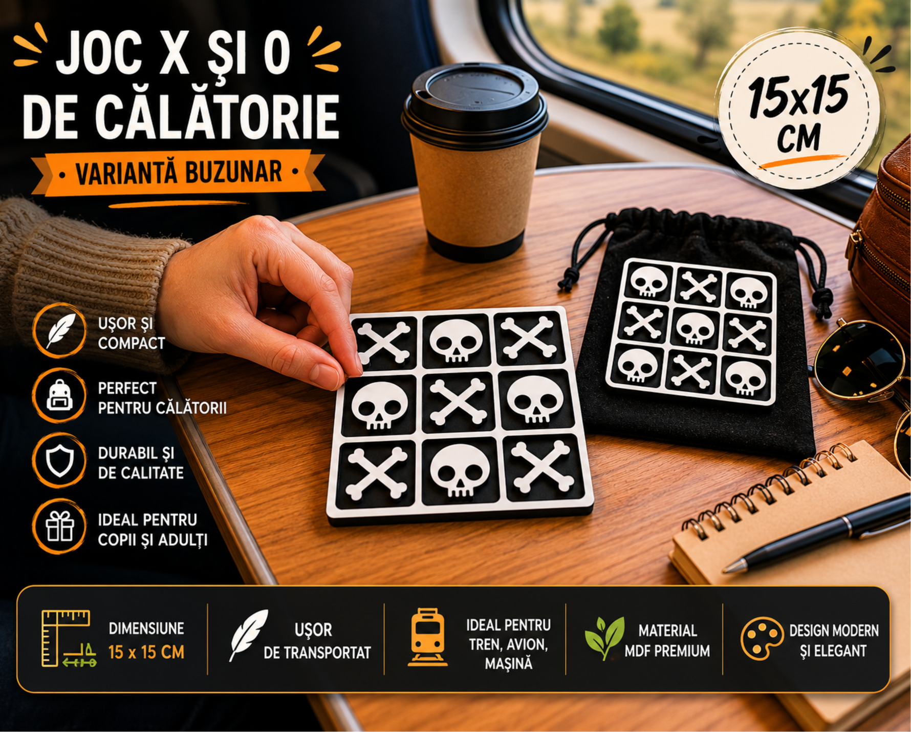 Joc X și 0 Halloween din MDF – Varianta Compactă 15x15 cm pentru Călătorii