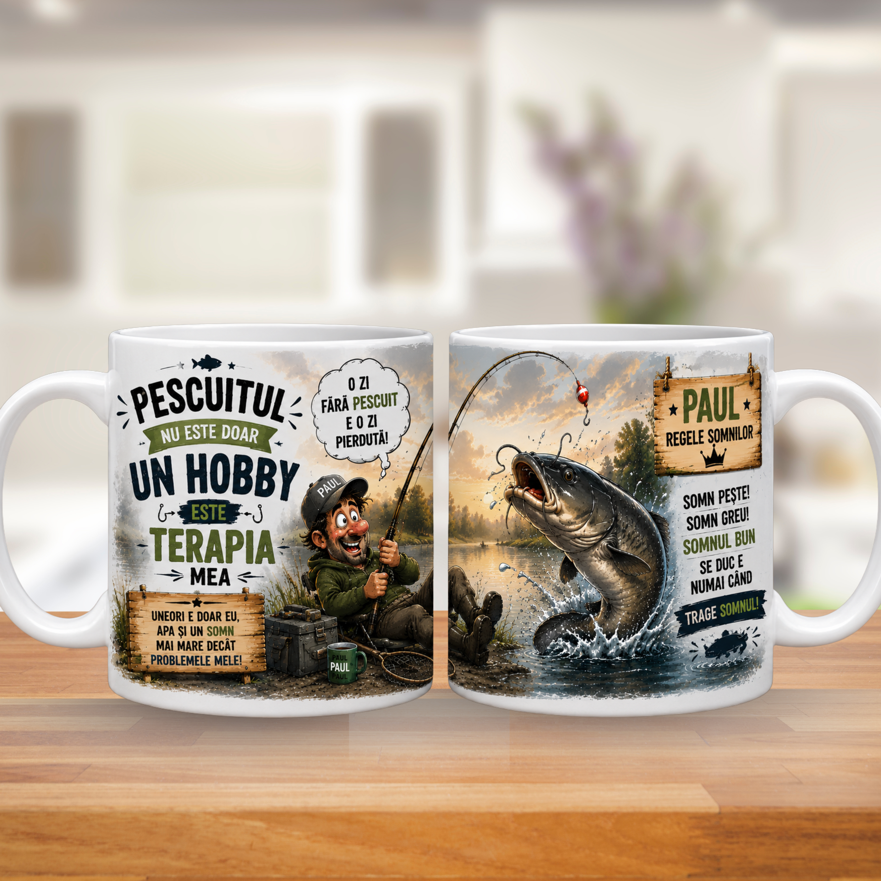Cană personalizată pentru pescari cu nume – „Pescuitul nu este doar un hobby, este terapia mea” | Model Somn | Cadou personalizat pentru pescar