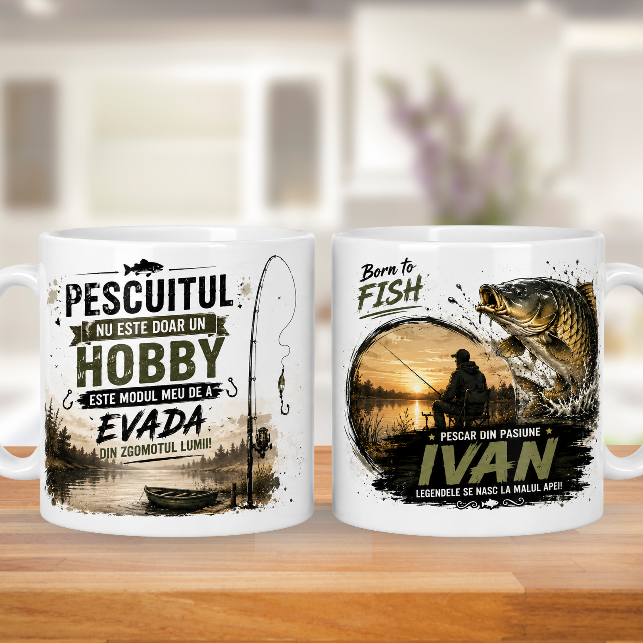 Cană personalizată pentru pescari cu nume – „Pescuitul nu este doar un hobby, este modul meu de a evada” | Model Born to Fish | Cadou personalizat pentru pescar