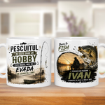 Cană personalizată pentru pescari cu nume – „Pescuitul nu este doar un hobby, este modul meu de a evada” | Model Born to Fish | Cadou personalizat pentru pescar