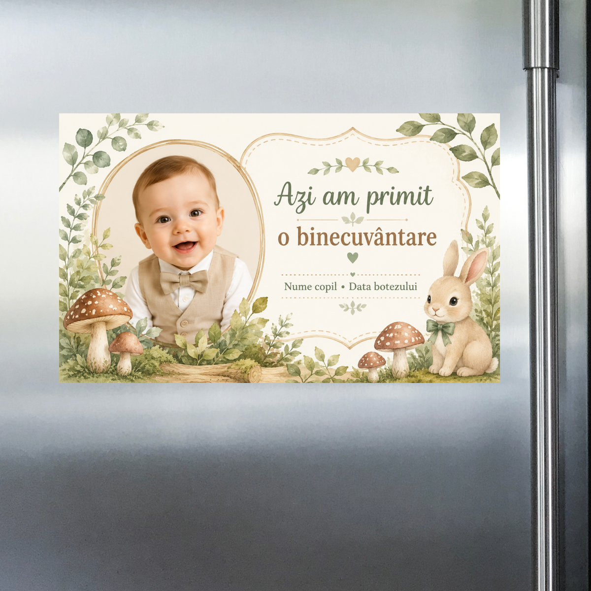 Mărturie de botez băiețel – Magnet de frigider personalizat 9 × 5,5 cm cu iepuraș și tematică de pădure