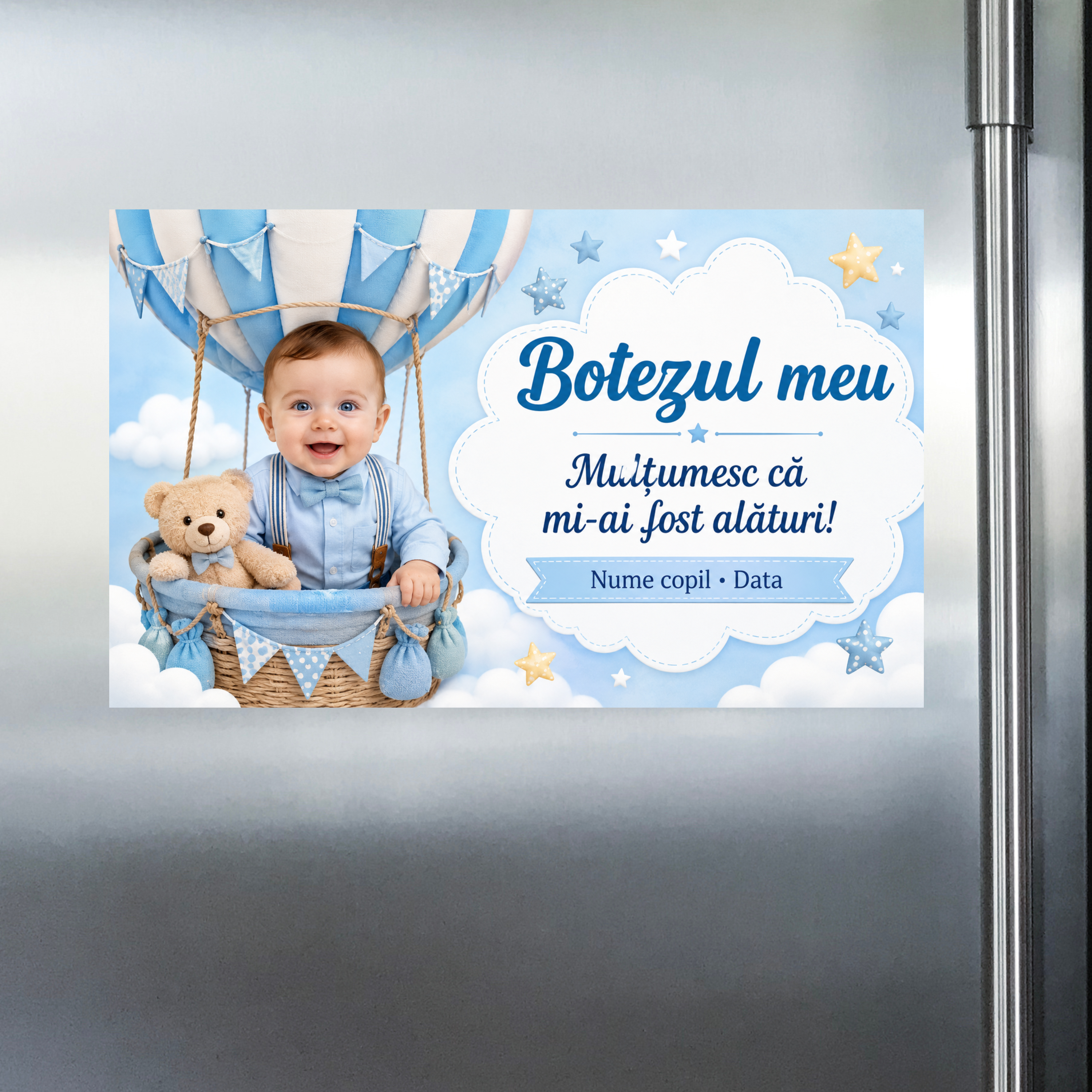 Mărturie de botez personalizată – Magnet de frigider 9 × 5,5 cm cu bebeluș, balon cu aer cald și ursuleț