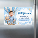 Mărturie de botez personalizată – Magnet de frigider 9 × 5,5 cm cu bebeluș, balon cu aer cald și ursuleț