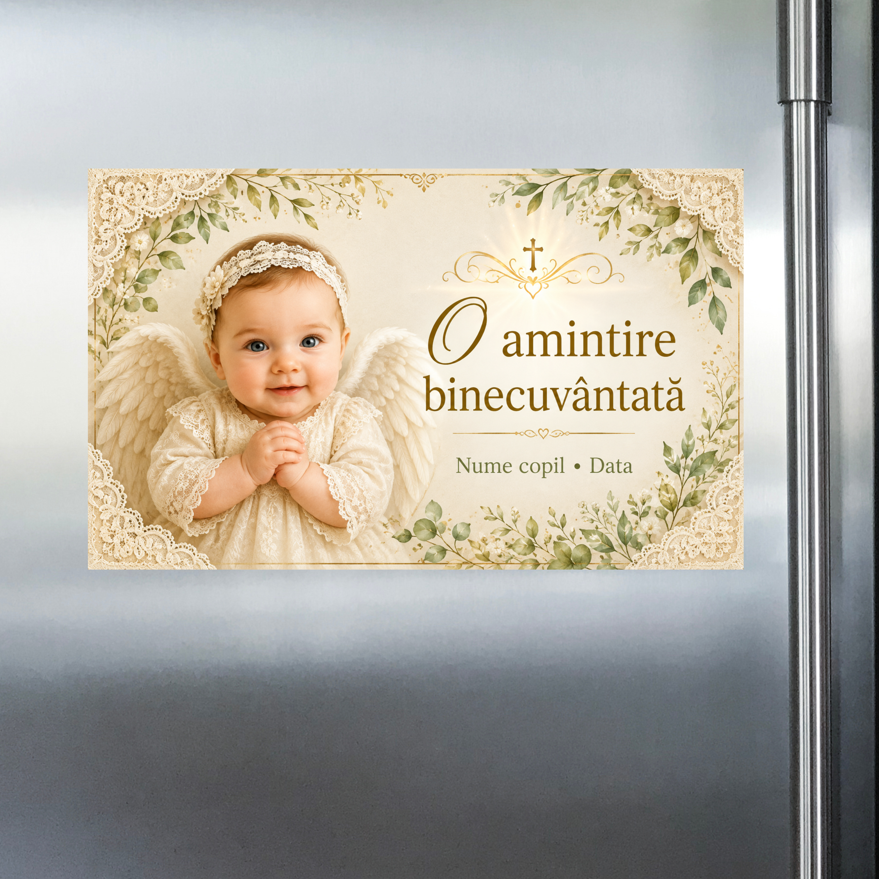 Mărturie de botez fetiță – Magnet de frigider personalizat 9 × 5,5 cm „O amintire binecuvântată”