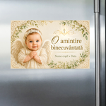 Mărturie de botez fetiță – Magnet de frigider personalizat 9 × 5,5 cm „O amintire binecuvântată”