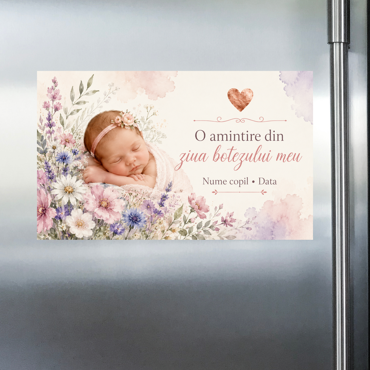 Mărturie de botez fetiță – Magnet de frigider personalizat 9 × 5,5 cm cu fotografie și flori pastel