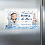 Mărturie de botez băiețel – Magnet de frigider personalizat 9 × 5,5 cm cu tematică marină