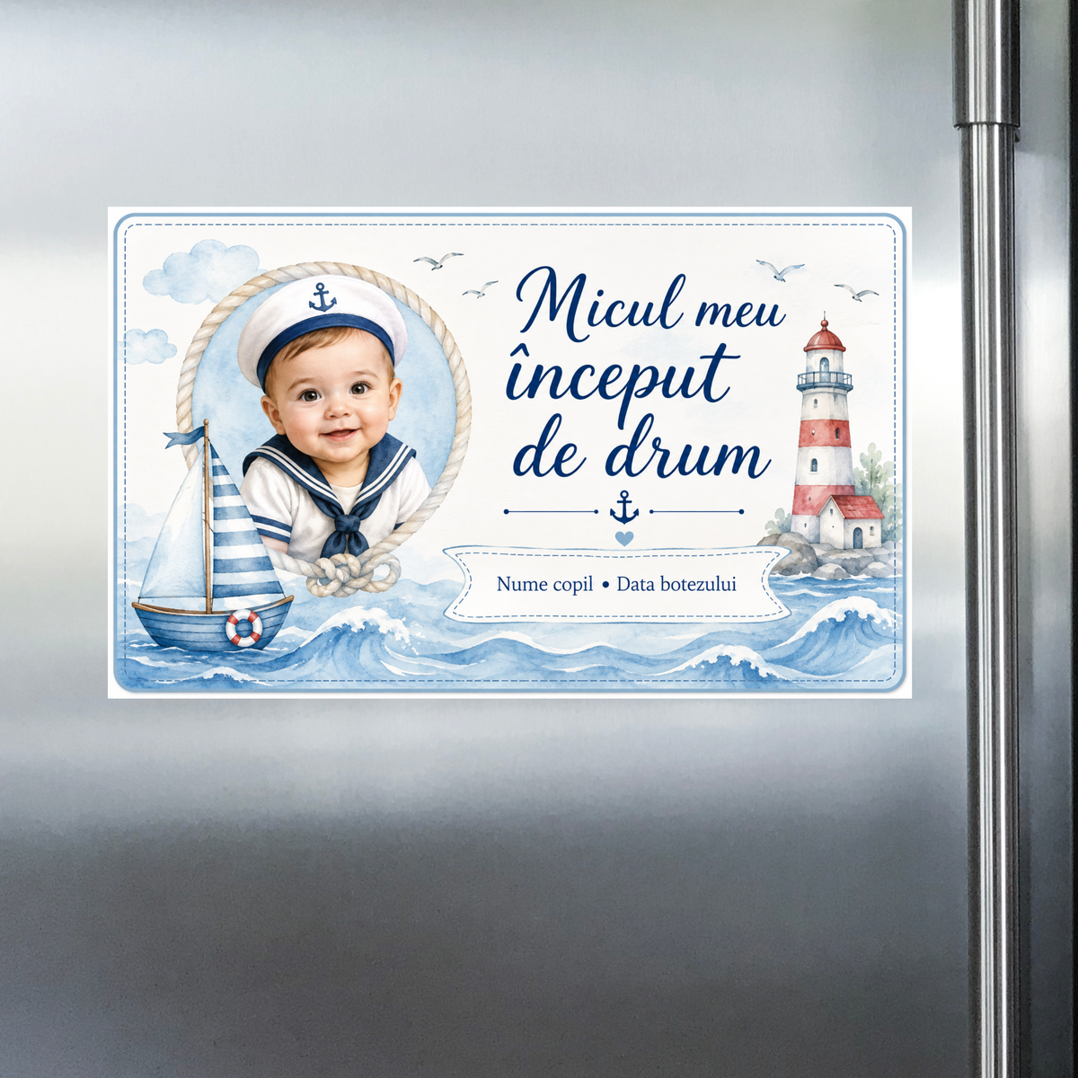 Mărturie de botez băiețel – Magnet de frigider personalizat 9 × 5,5 cm cu tematică marină
