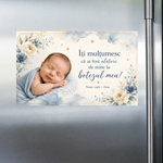 Mărturie de botez personalizată – Magnet de frigider 9 × 5,5 cm cu fotografie, flori albastre și mesaj de mulțumire