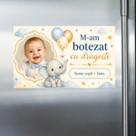 Mărturie de botez băiețel – Magnet de frigider personalizat 9 × 5,5 cm cu elefănțel, baloane și fotografie