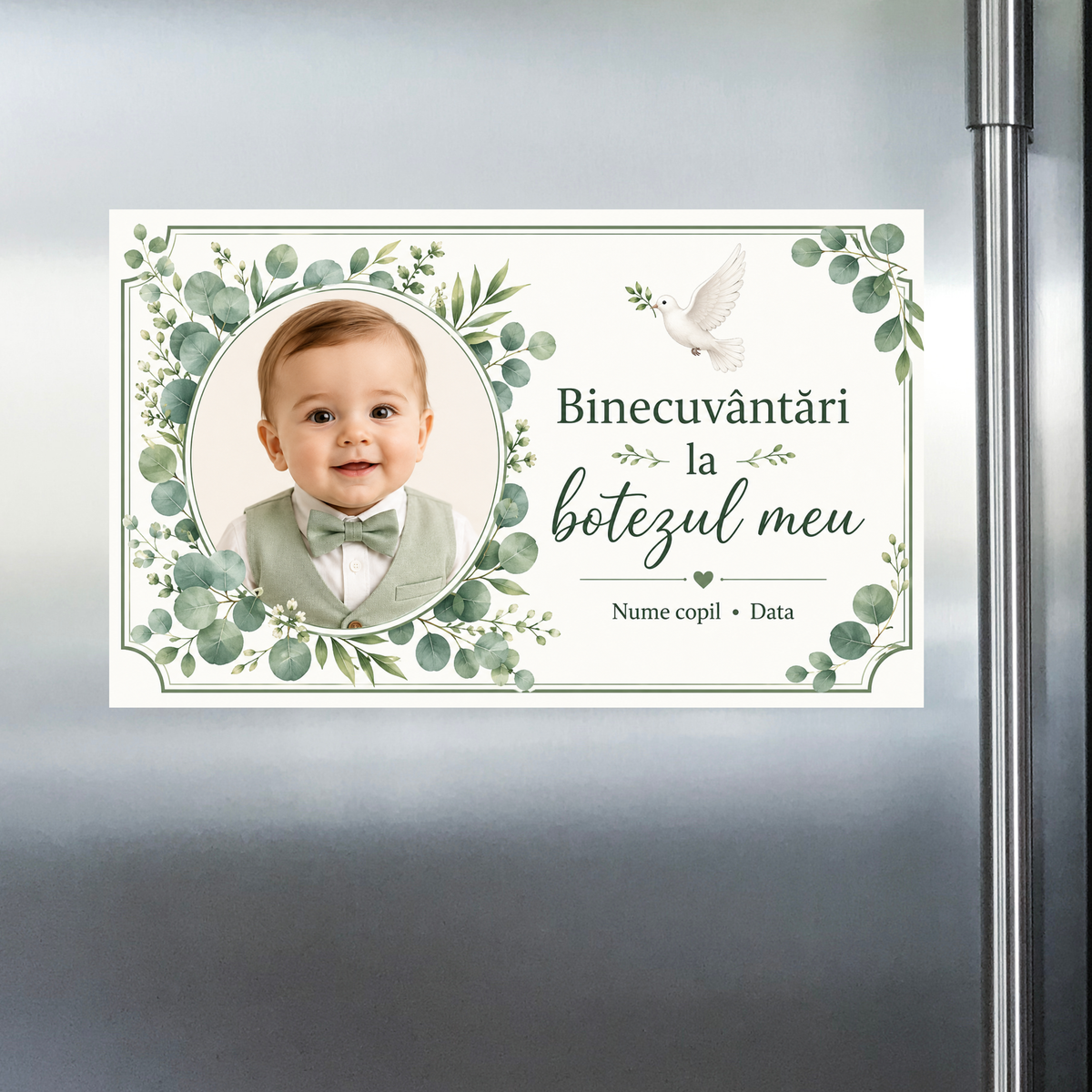 Mărturie de botez băiețel – Magnet de frigider personalizat 9 × 5,5 cm cu eucalipt și porumbel alb