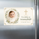 Mărturie de botez personalizată – Magnet de frigider 9 × 5,5 cm cu fotografie, ramuri de măslin și cruce aurie