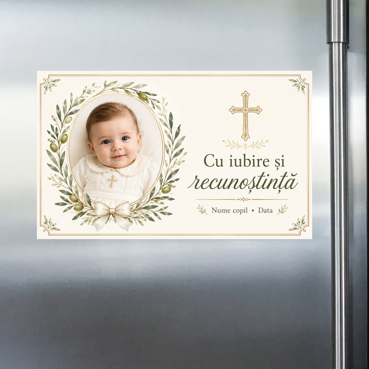 Mărturie de botez personalizată – Magnet de frigider 9 × 5,5 cm cu fotografie, ramuri de măslin și cruce aurie