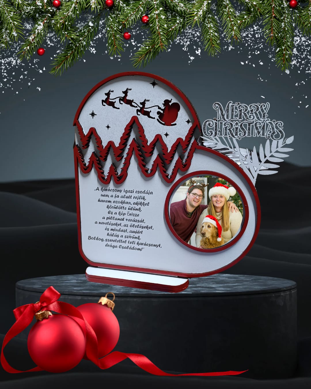 Ramă foto personalizată de Crăciun în formă de inimă – cadou festiv pentru familie și cupluri